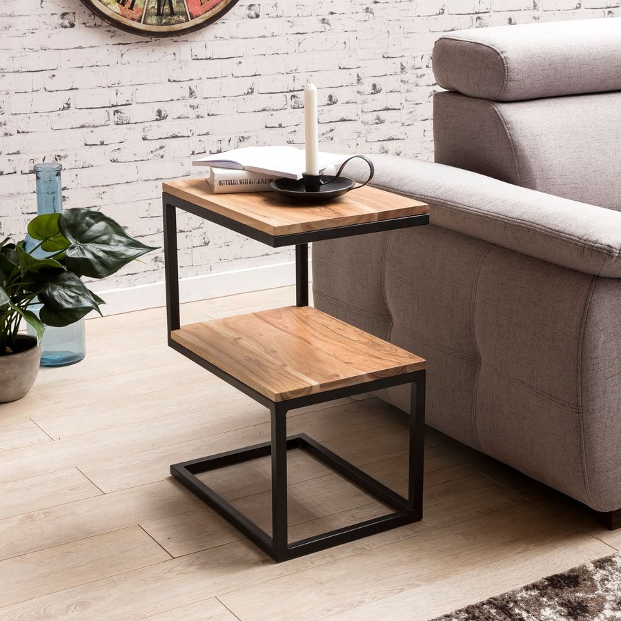 FineBuy Beistelltisch S-Form Massivholz / Metall 45 x 60 x 30 cm, Design Wohnzimmertisch Landhaus-Stil, Anstelltisch Ablagetisch eckig