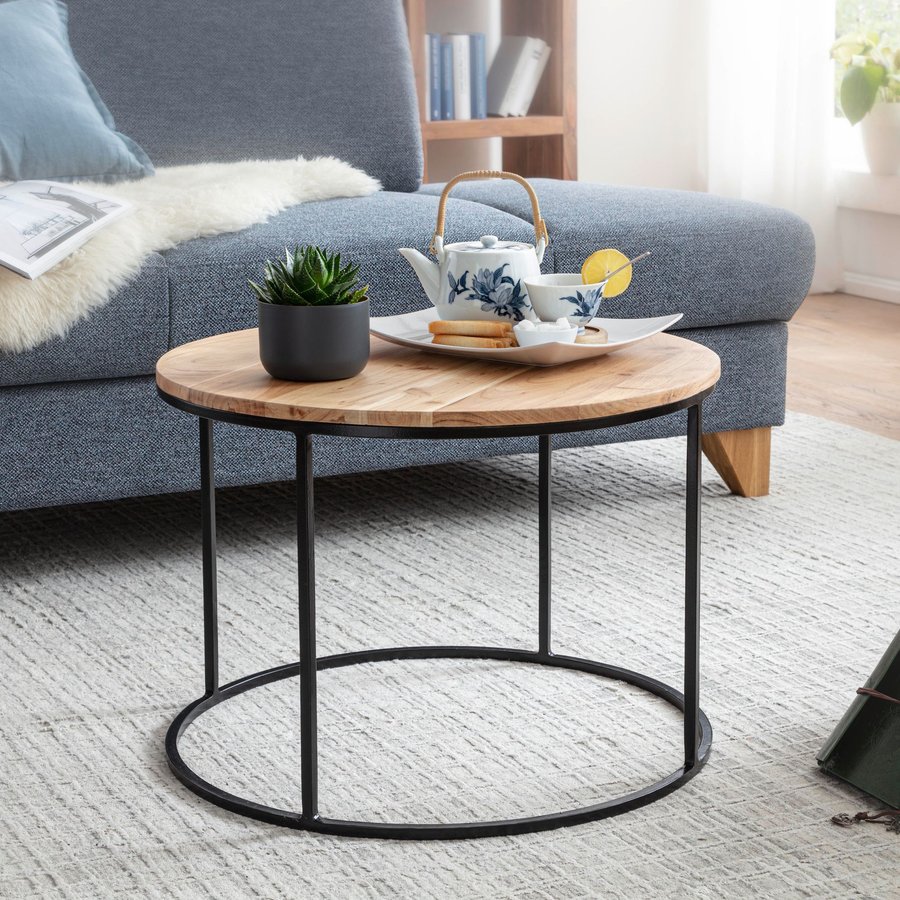 FineBuy Couchtisch Akazie Massivholz rund 60 cm · Wohnzimmertisch mit schwarzem Metallgestell · Handgefertigt · Natur Holz Tisch im modernen Industrial Design