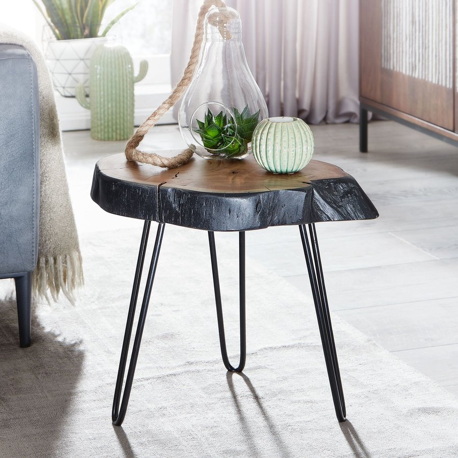 FineBuy Beistelltisch Akazie Massivholz / Metall Industrial 40x40x32cm Baumkante, Wohnzimmertisch Sofatisch Massiv Haarnadelbeine, Kleiner Anstelltisch Tisch Wohnzimmer