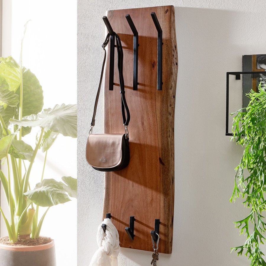 FineBuy Wandgarderobe Akazie Massivholz 36 x 100 cm Baumkante - Garderobenpaneel massiv Holz - Wand Garderobenleiste Hakenleiste - 6 Kleiderhaken