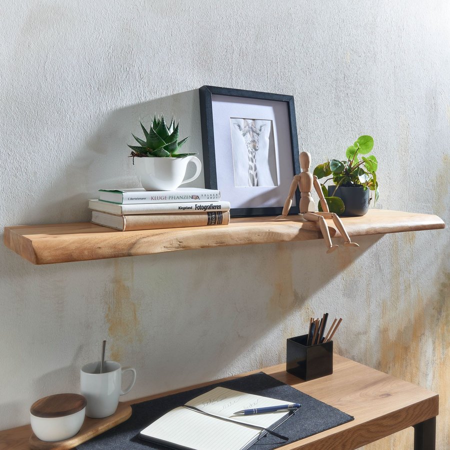 FineBuy Wandregal mit Baumkante Akazie Massivholz, Design Schweberegal Wandboard Massiv, Regal Holz Natur, Landhausstil Hängeregal