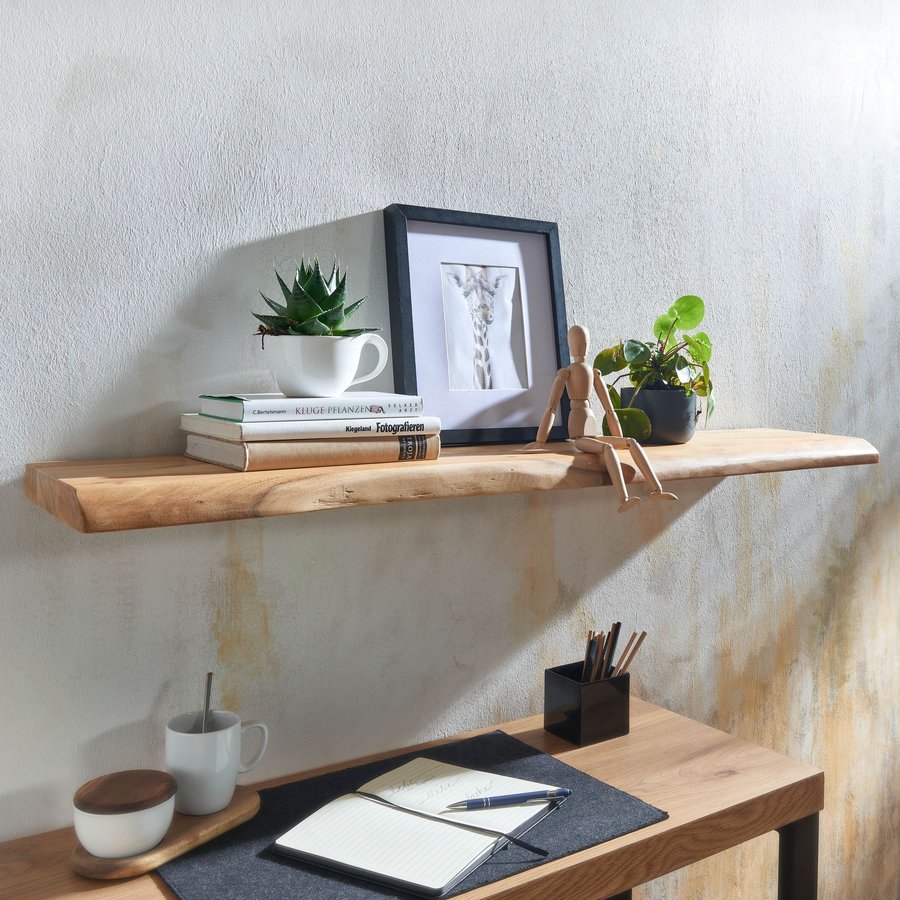 FineBuy Wandregal mit Baumkante Akazie Massivholz, Design Schweberegal Wandboard Massiv, Regal Holz Natur, Landhausstil Hängeregal