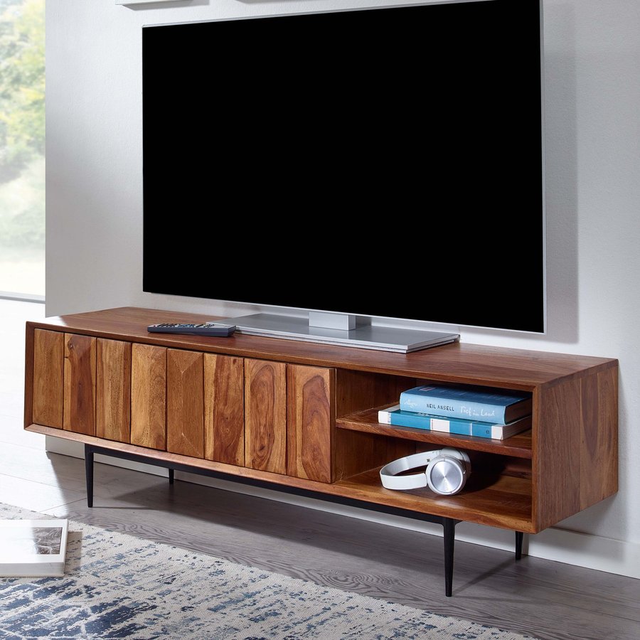 Finebuy Lowboard Sheesham Massivholz 123x42x35 cm TV-Kommode mit zwei Türen, Design TV-Schrank Hoch, Fernsehtisch Fernsehschrank Modern, Fernsehkommode Wohnzimmer