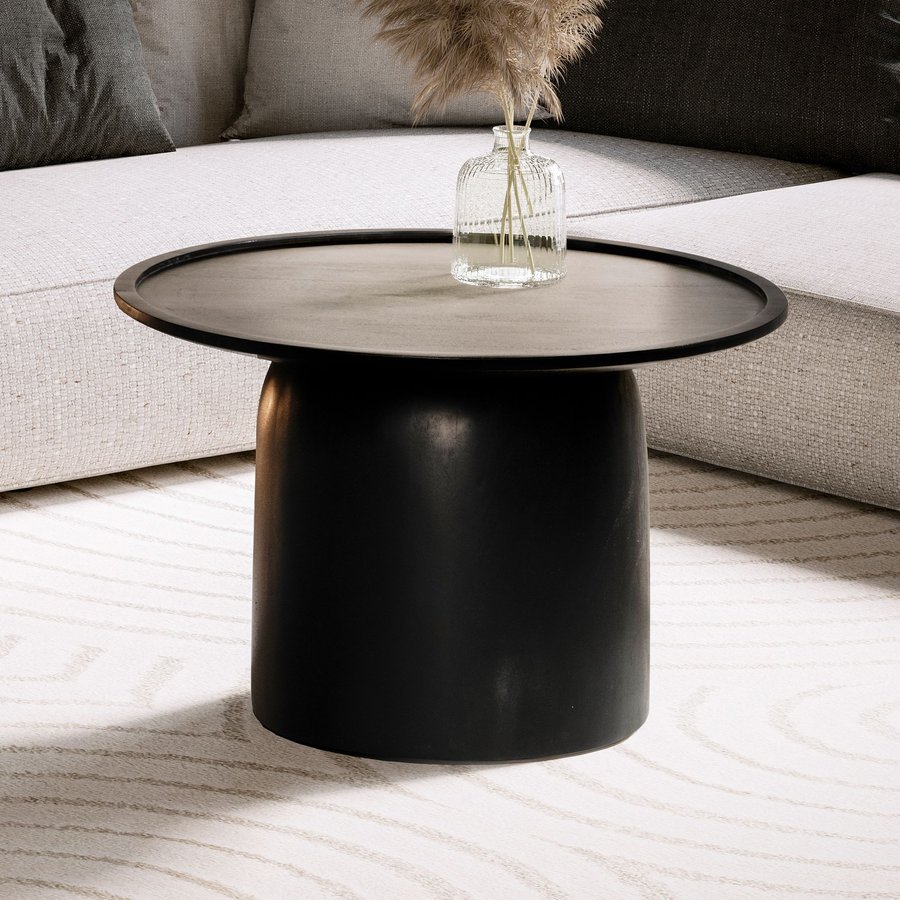 FineBuy Couchtisch Mango Massivholz rund Ø 60 cm · Schwarzer Wohnzimmertisch im modernen Design · Handgefertigter Sofatisch mit Tonnen Fuß