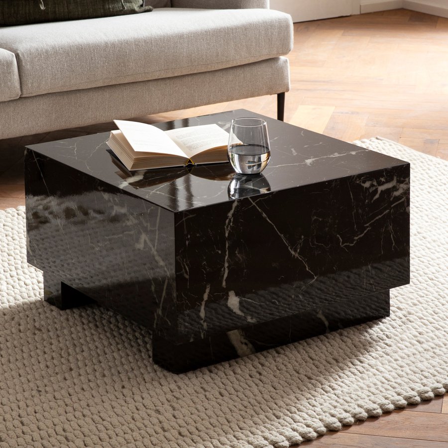 FineBuy Couchtisch MONOBLOC 60x60x35 cm Hochglanz mit Marmor Optik, Wohnzimmertisch Cube Quadratisch, Design Sofatisch, Lounge Kaffeetisch Würfel-Form