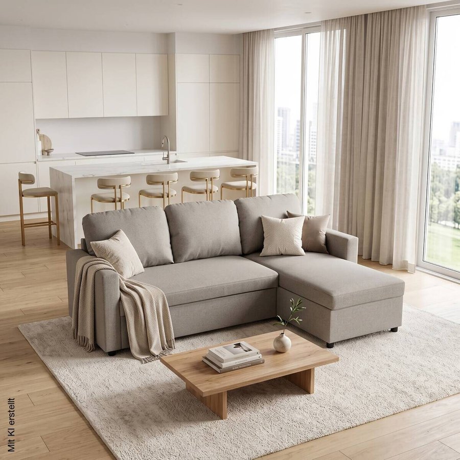 Ecksofa mit Bettfunktion und Bettkasten graubraun Webstoff