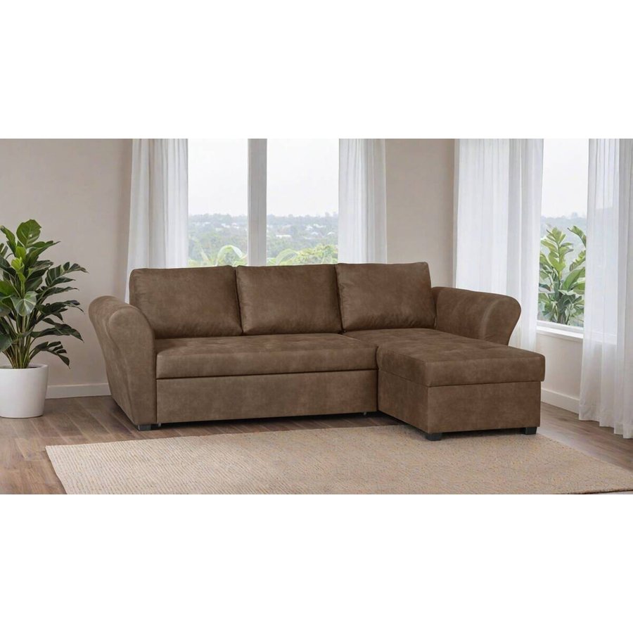Ecksofa mit Bettfunktion und Bettkasten braun Microfaser