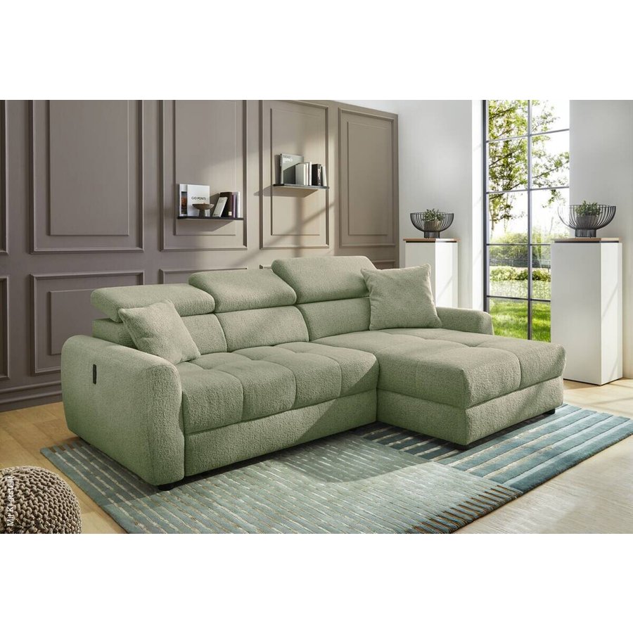Ecksofa mit elektrischer XXL Sitztiefenverstellung hellgrün Flachgewebe