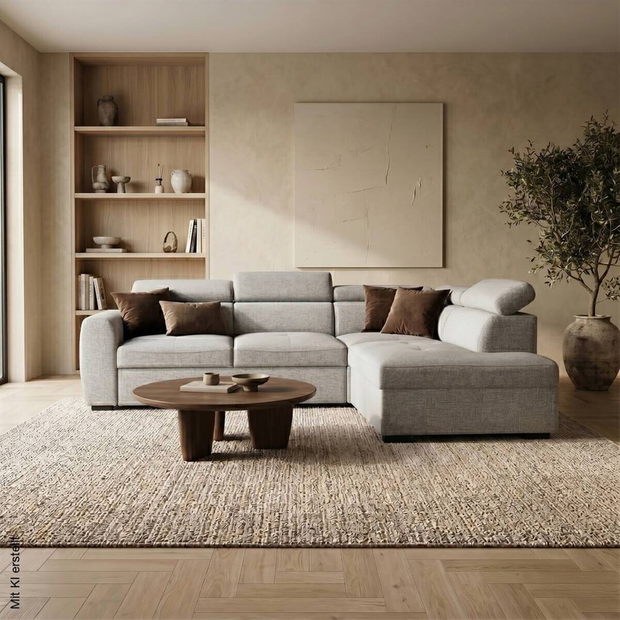 Ecksofa mit Bettfunktion und Bettkasten hellgrau Webstoff