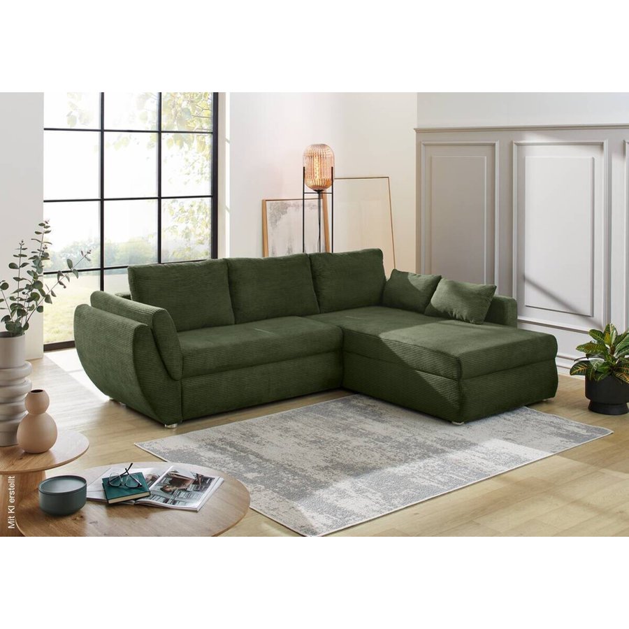 Ecksofa mit Bettfunktion und Bettkasten grün Microfaser