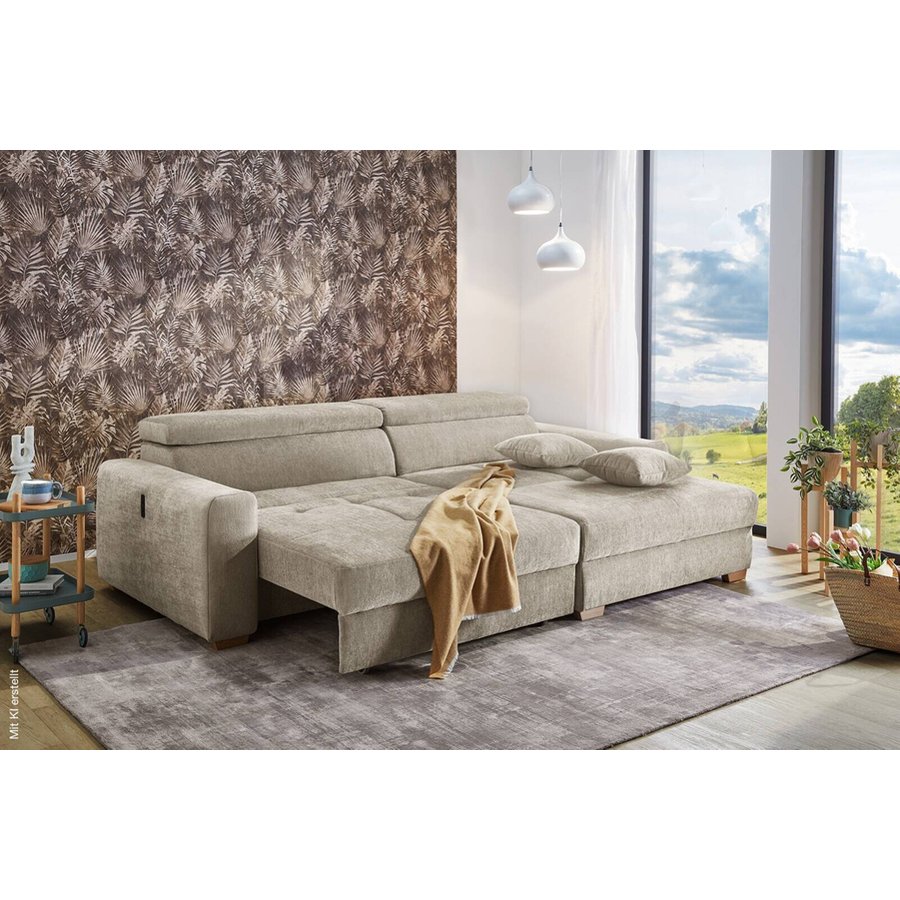 Ecksofa mit elektrischer XXL Sitztiefenverstellung beige Flachgewebe