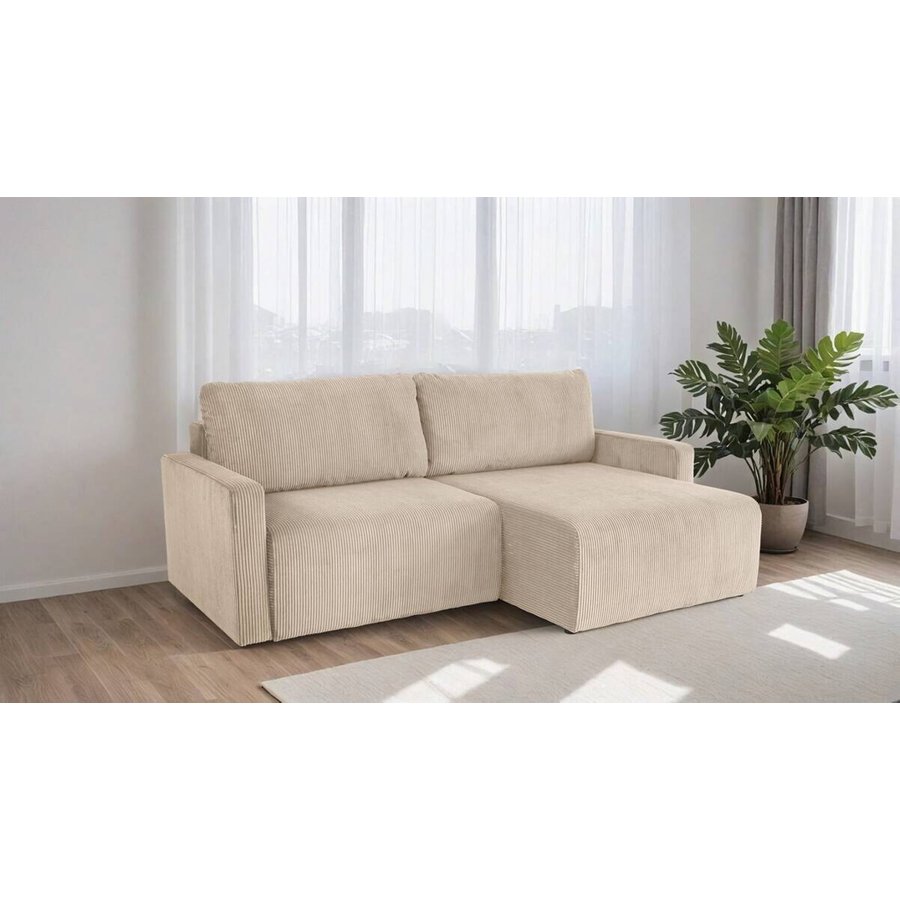 Ecksofa mit Bettfunktion und Bettkasten creme Microfaser
