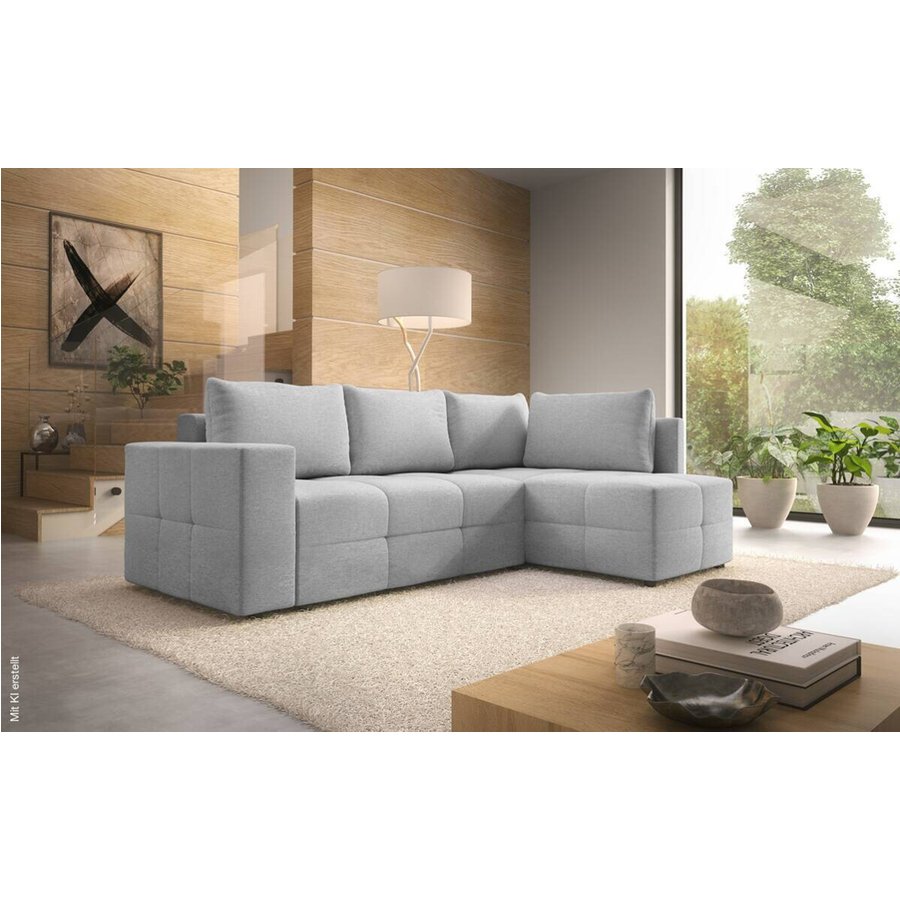 Ecksofa mit Bettfunktion und Bettkasten hellgrau Flachgewebe