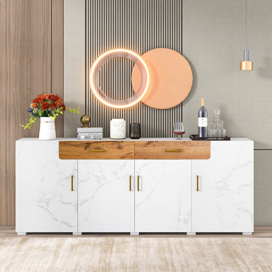 Sideboard, großes stabiles für Küche mit großem Stauraum 4 Türen 2 Schubladen, einfache Montage, 208 x 39,5 x 80 cm, tot 50 kg, Weiß Aosom.de