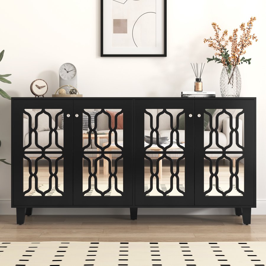 Küchenschrank, Anrichte mit Kristallgriffen und Spiegeloberfläche, Vier Türen zwei beweglichen inneren Regalen, bis 80 kg, 160 x 40 x 84 cm, Schwarz