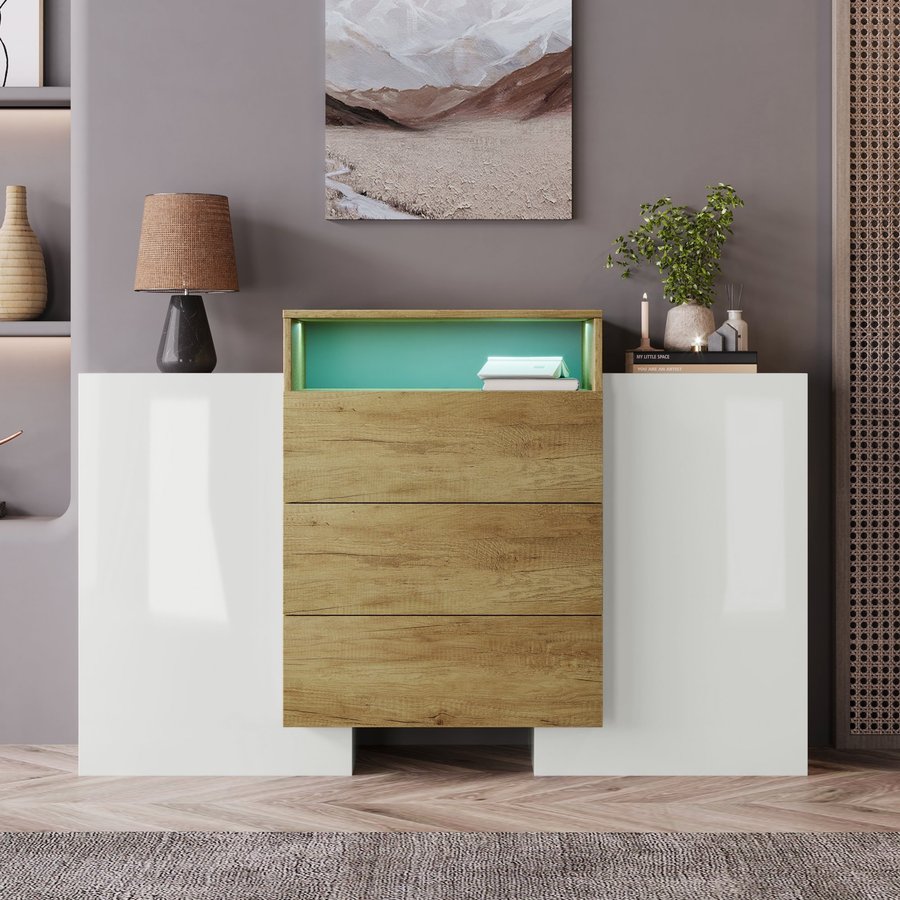 Sideboard, mit LED-Beleuchtung, zwei Türen, zwei Regalen und drei Schubladen, Modernes Design, bis 80 kg, 140 x 30 x 77,5 cm, Weiß + Holzfarbe