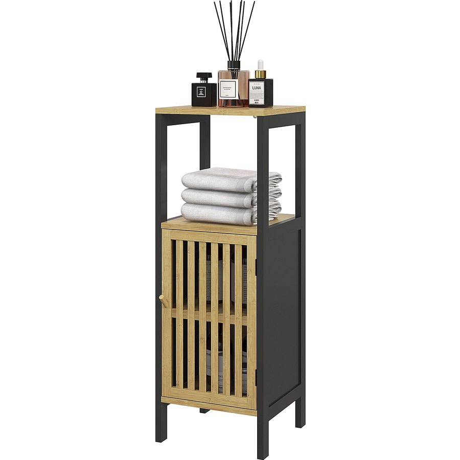 HOMCOM Badezimmerschrank aus Bambus mit 1 Tür und offener Nische 32 x 30 x 90,5 cm, Schwarz und Holz Aosom