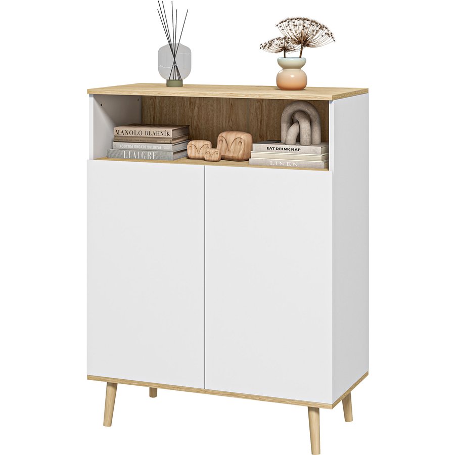 HOMCOM Aufbewahrungsmöbel, Sideboard Küche, mit verstellbarem Regal, 2-türiger Schrank, 80 x 38 x 102 cm, skandinavisches Design, Massivholzbeine, Weiß und Holzoptik Aosom