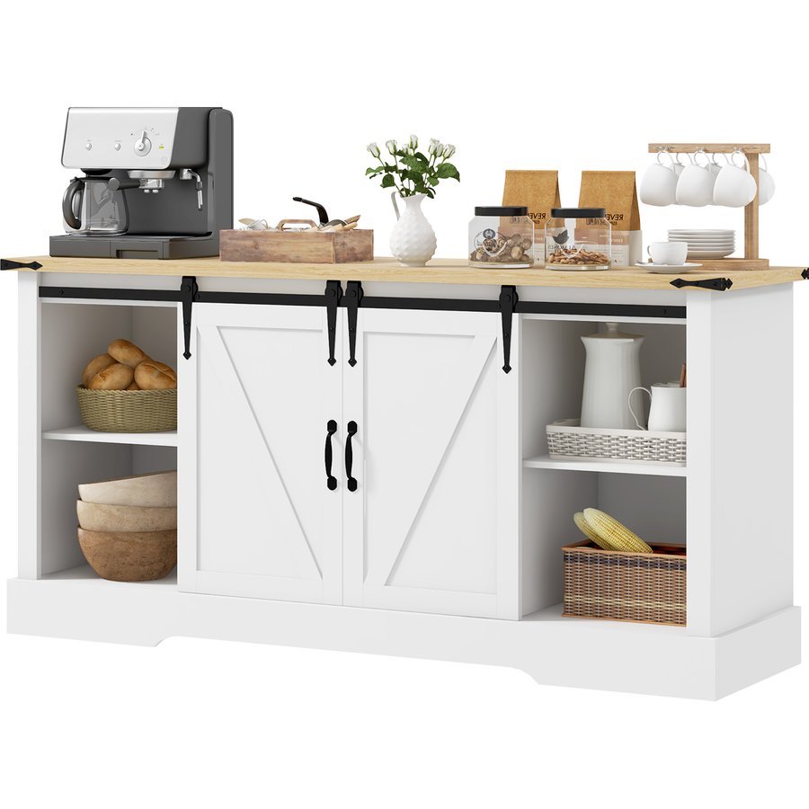 HOMCOM Buffet, Aufbewahrungsmöbel, mit 2 Schiebetüren, verstellbaren Regalen, für Wohnzimmer, Esszimmer, Flur, 150L x 40T x 72H cm, aus Holz, Weiß Eiche Aosom