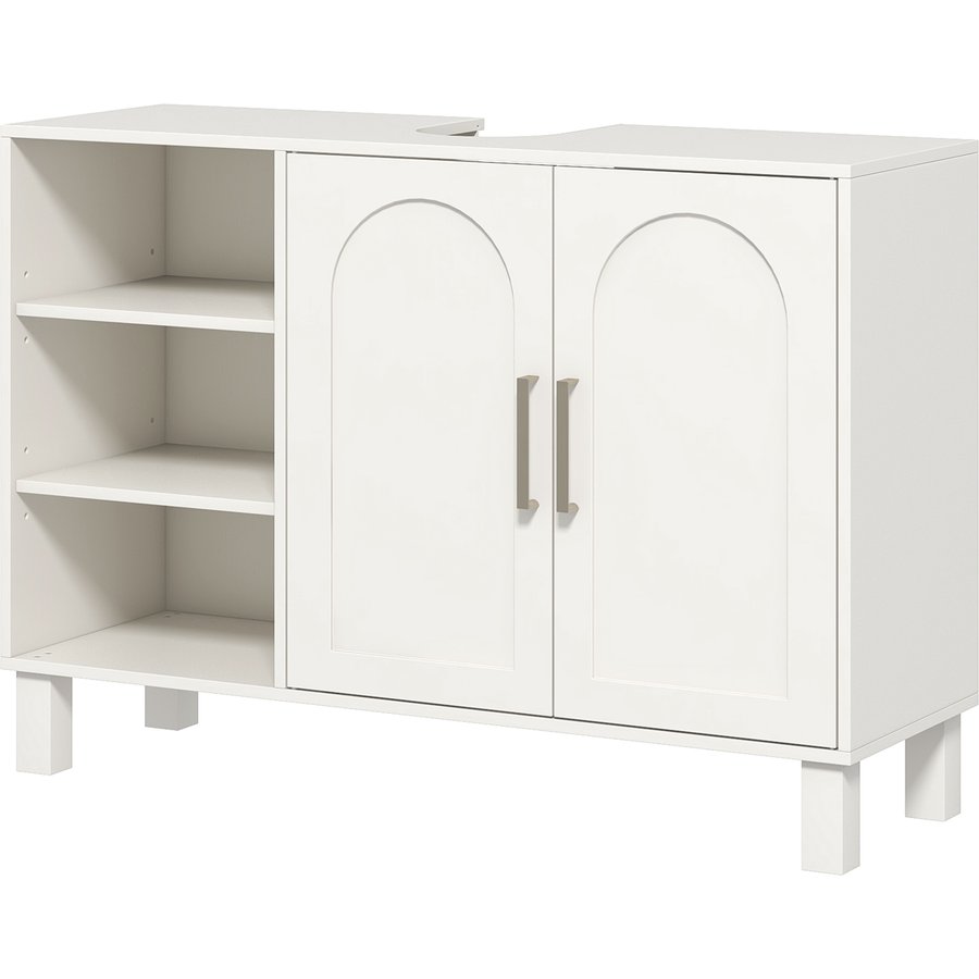 HOMCOM Unterschrank, Badezimmerschrank, mit zweistufigem Schrank, 2 Türen, verstellbaren Regalen, auf Füßen, aus Holz, 90 x 30 x 63 cm, Creme Aosom