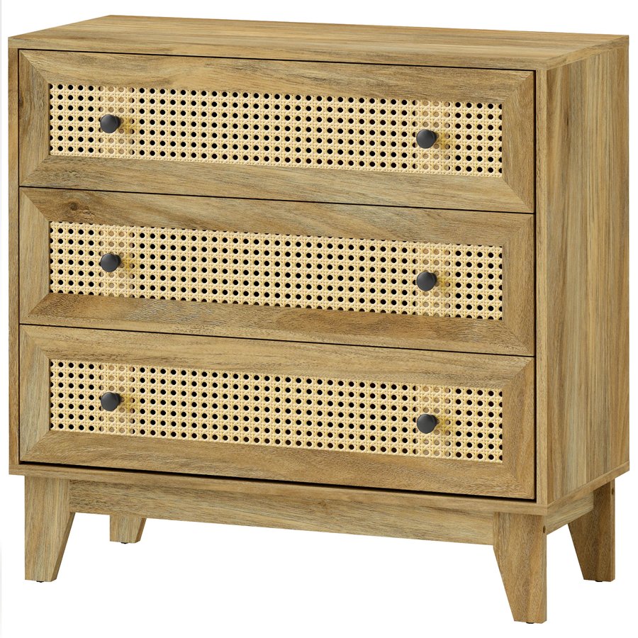 HOMCOM Kommode 3 Schubladen Aufbewahrungsmöbel mit Rattanbespannung 80 x 35 x 76 cm helles Holzoptik Aosom