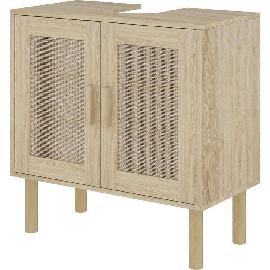 HOMCOM Badezimmerschrank mit Waschbeckenunterschrank, Rattantüren, Bohème-Stil, Kiefernholzfüße, 2 Stufen, 60 x 30 x 60 cm, Eiche Aosom