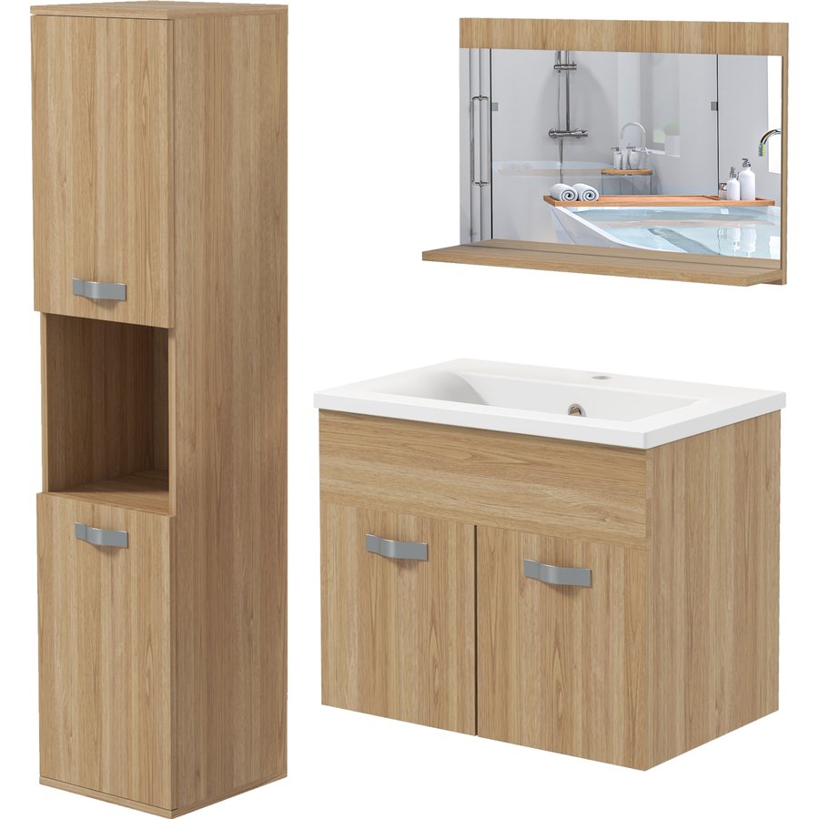 kleankin Badezimmermöbel-Set 3-teilig Badezimmerspiegelschrank + suspendierter Unterschrank mit Keramikwaschbecken + Säulenschrank mit verstellbaren Regalen natur Aosom