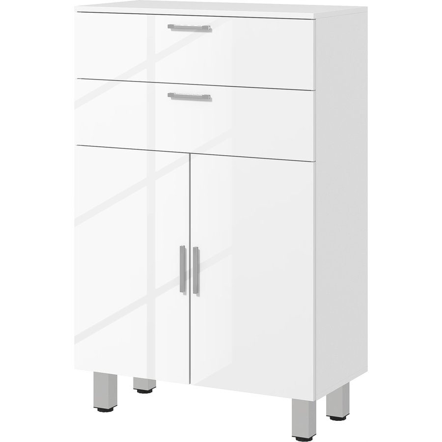 kleankin Badezimmerschrank Beistellschrank mit 2 Hochglanzweiß Schubladen, Tür, Badschrank mit Verstellbarem Regal, Aufbewahrungsschrank für Wohnzimmer 60 x 30 x 93 cm Aosom