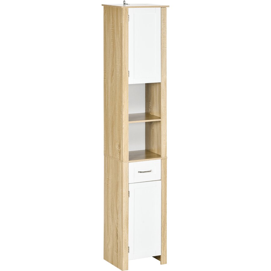 Kleankin Badezimmerschrank Hoch in Spanplatte mit einer Schublade, 2 Schränken und 2 Verstellbaren Regalen, 37x30x184 cm, Weiß und Naturfarben Aosom