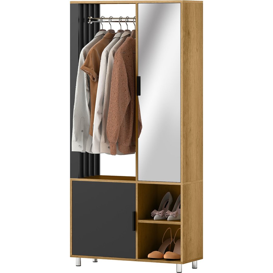 HOMCOM Kleiderschrank Schlafzimmer Garderobe moderne Aufbewahrungsschrank mit Spiegel, offenen Fächern, Schrank und Kleiderstange, 80 x 30 x 170 cm, Naturholz Aosom