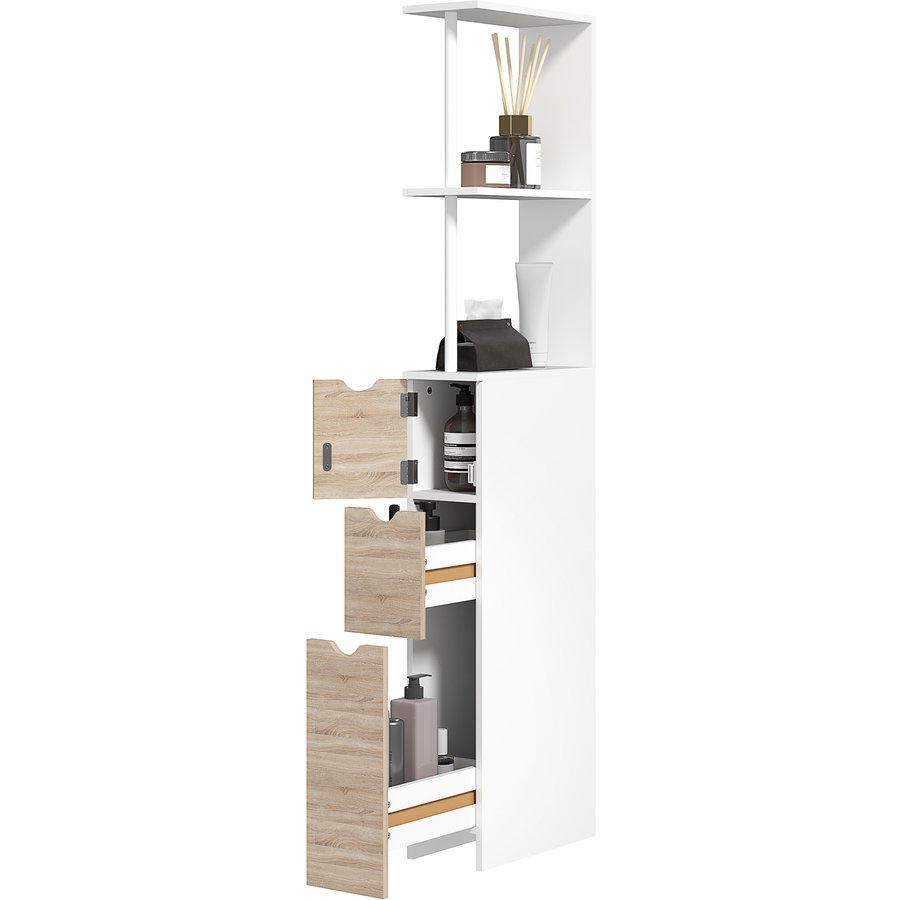 HOMCOM Badezimmerschrank, platzsparendes Holz Badezimmermöbel, Schrank mit Regalen und Schubladen, 15x33x136 cm, Farbe Holz Aosom