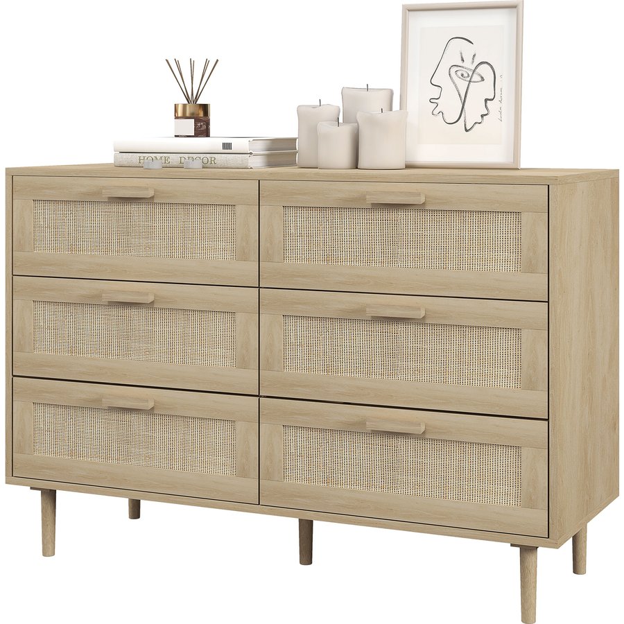 HOMCOM Kommode 6 Schubladen Aufbewahrungsmöbel mit Rattanflechtwerk 110L x 40B x 75H cm Holzoptik Aosom