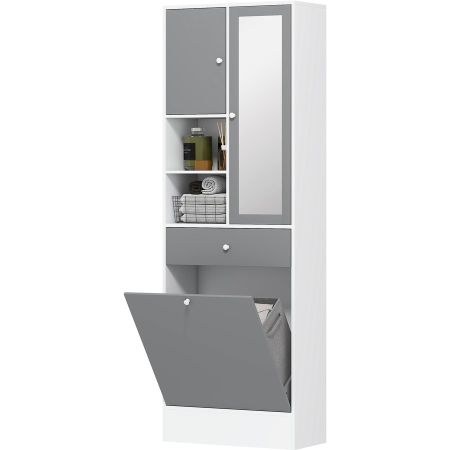 HOMCOM Badezimmerschrank mit Wäschekorb und Spiegeltür, Aufbewahrungsschrank mit Drehtüren, 2 offenen Fächern, Schublade und verstellbarem Regal, 62 x 28,3 x 181 cm, grau und weiß Aosom