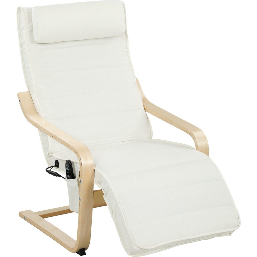 HOMCOM Relaxsessel mit 8-Punkt-Massage und Lendenheizung, Verstellbarer Fußhocker und Fernbedienung, Wohnzimmersessel aus Birkenholz und Leinenstoff, Cremeweiß und Naturholz Aosom