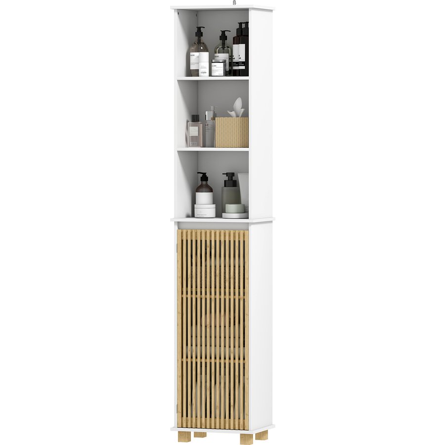 HOMCOM Badezimmerschrank, Badezimmerschrank mit Bambustür und offenen Fächern, hoher Schrank für Wohnzimmer, Küche - 35 x 26 x 173 cm, weiß Aosom