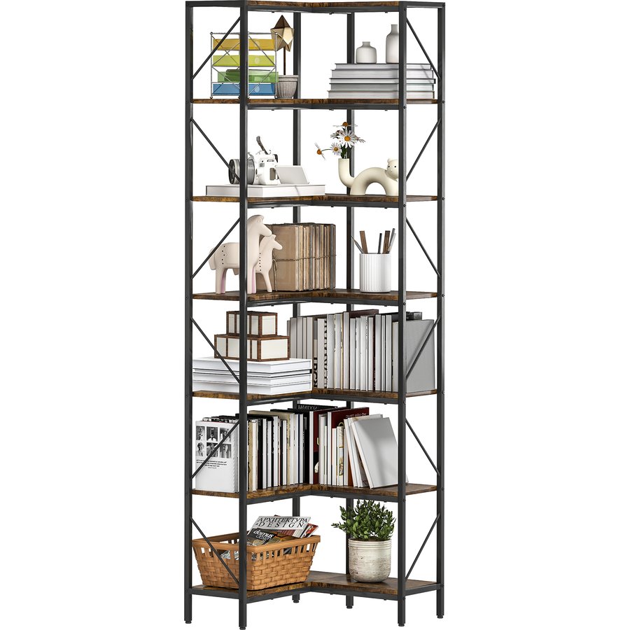 HOMCOM Eckschrank mit 7 Ebenen, Bücherregal, industrielle Aufbewahrung mit Regalen für Wohnzimmer, Schlafzimmer, Büro, 60 x 60 x 198 cm, rustikales Braun Aosom