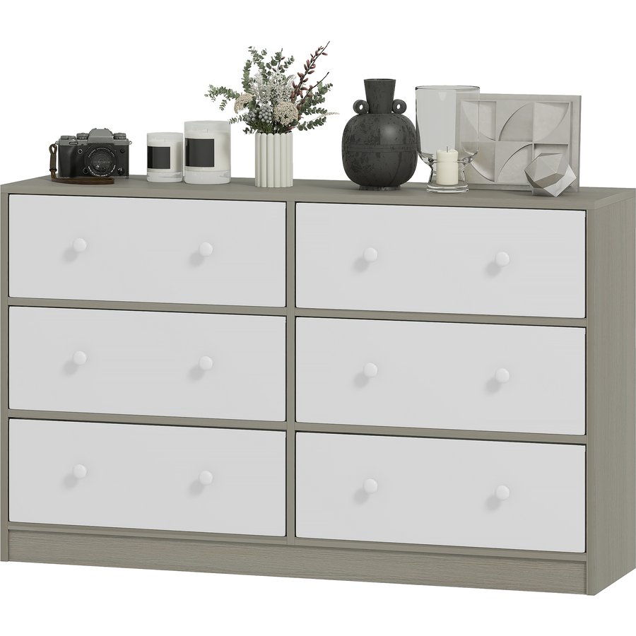 HOMCOM Etagenschrank aus Stoff mit 6 faltbaren Schubladen mit doppelten Griffen, Schlafzimmer-Etagenschrank aus Stahl, MDF und Stoff, 114x30x70 cm, Weiß und Grau Aosom