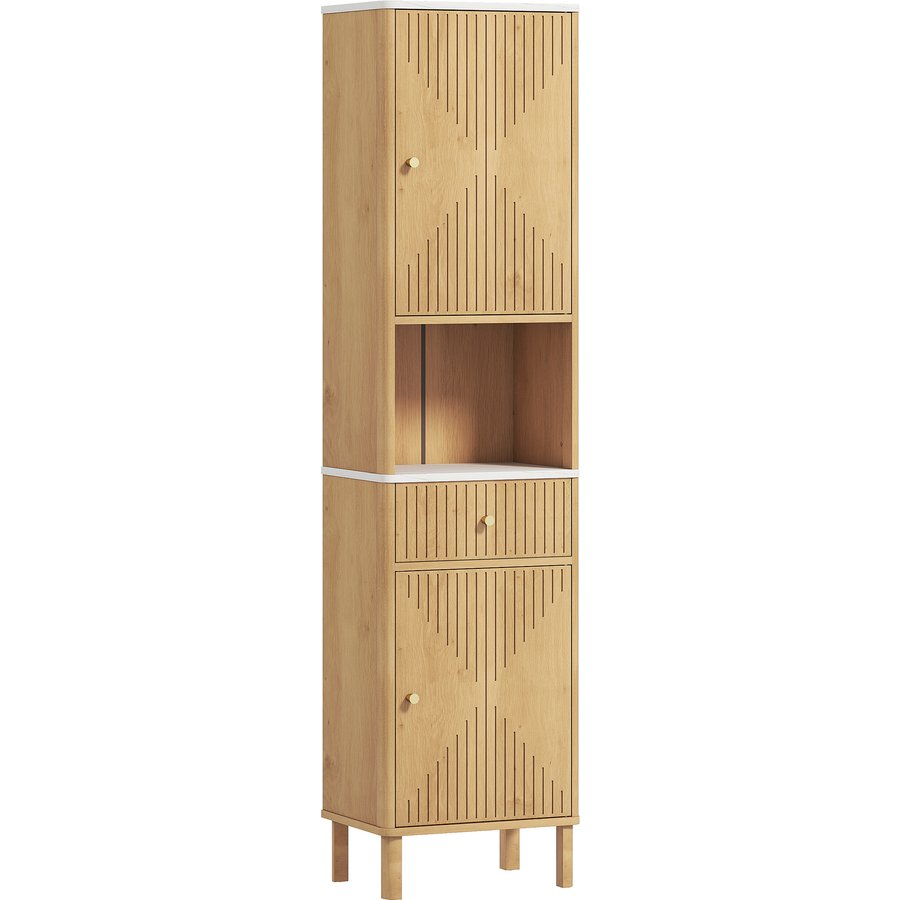HOMCOM Badezimmerschrank mit Schublade, 2 Schränken und Marmoreffekt-Regal, platzsparender Badezimmerschrank mit verstellbaren Regalen und abgerundeten Kanten für Esszimmer Wohnzimmer, 41,5x30x168 cm, Eiche Aosom