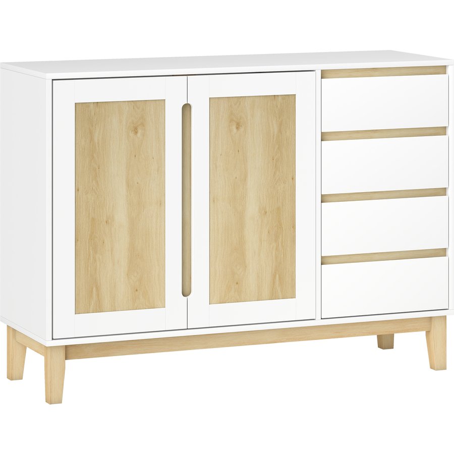 HOMCOM Buffet, Aufbewahrungsmöbel mit 2 Türen und 4 Schubladen, verstellbares Regal, Kautschukholzfüße, skandinavischer Stil, Buffet Esszimmer, Küche und Wohnzimmer, 120 x 40 x 86 cm, Weiß und Eiche Aosom