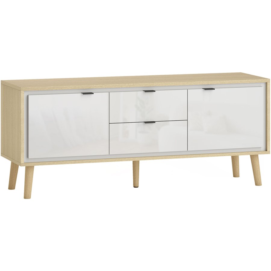 HOMCOM TV-Schrank 120 cm, 2 Hochglanztüren, TV-Möbel für bis zu 55 Zoll, 2 leise Schubladen, verstellbare Regale, moderner Stil, TV-Bank für Wohnzimmer, Schlafzimmer, Weiß und Eiche Aosom