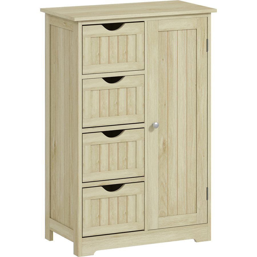 kleankin Badezimmerschrank, schmale Badsäule mit 4 Schubladen und verstellbarem Einlegeboden, moderner Stil, für kleine Räume, 56x30x83 cm, Naturholz Aosom