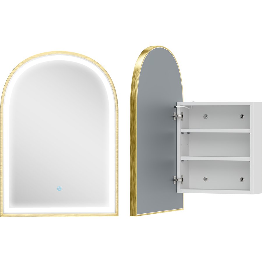 HOMCOM Wand-Badezimmerschrank mit Spiegel und LED-Beleuchtung, 50x14,5x70cm, Badezimmerschrank mit gebogener Tür Aluminiumlegierung, Antibeschlag, 3 Lichttemperaturen, verstellbare Ablagen, Gold Aosom