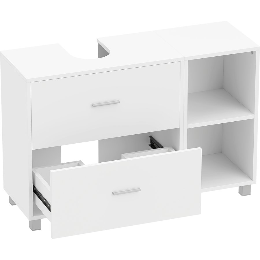 HOMCOM Waschtischunterschrank mit 2 Schubladen, offenen Regalen, U-Ausschnitt, moderner platzsparender Badschrank, geeignet für Waschbecken mit oder ohne Säule, 90x30x60 cm, Weiß Aosom