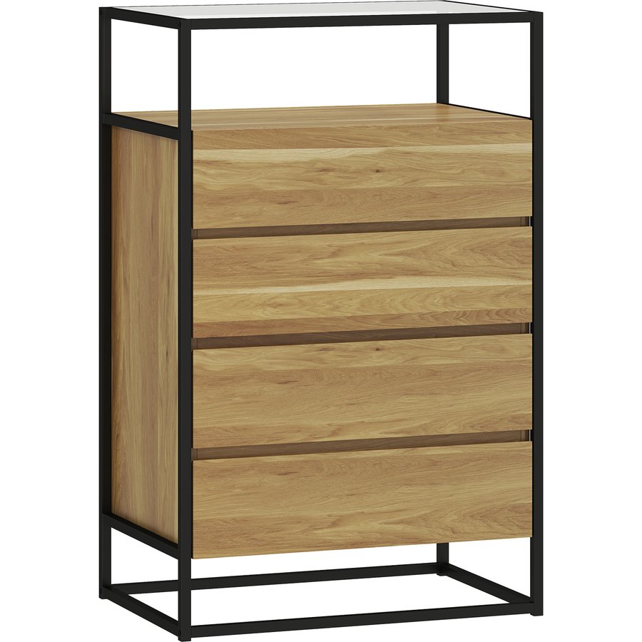 HOMCOM Kommode mit 4 Schubladen, Schlafzimmerkommode mit Oberfläche aus gehärtetem Glas, offenes Fach, Stahlkonstruktion, Schubladenmöbel für Wohnzimmer und Büro, 60x40x94,5 cm, Teak Aosom