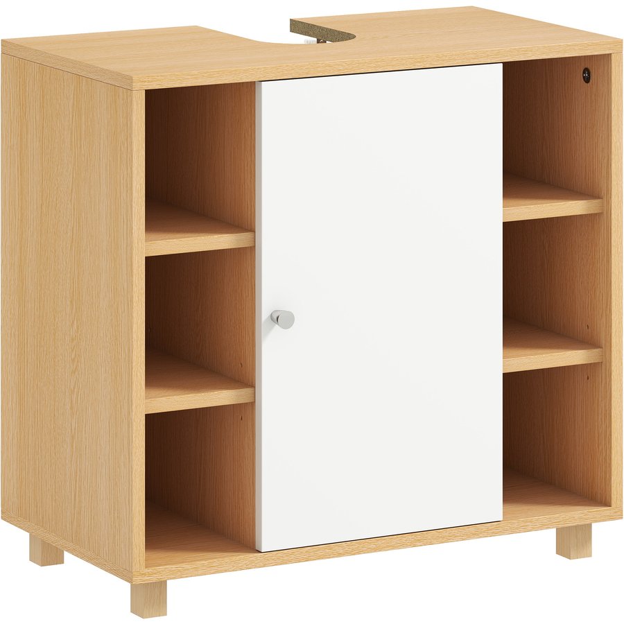HOMCOM Unterschrank für Waschbecken mit 6 offenen Ablagen und Schrank, Unterschrank mit U-Ausschnitt und 2 Soft-Close-Türen, für Waschbecken mit oder ohne Säule, 60x33x57 cm, Holzfarben und Weiß Aosom
