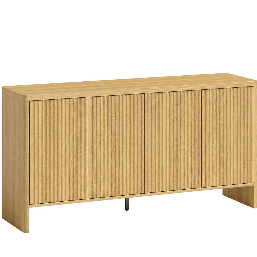 HOMCOM Wohnzimmerbuffet, Aufbewahrungsmöbel mit 4 gerillten Türen und verstellbarem Einlegeboden, Push-to-Open, abgerundete Ecken, moderner Stil, Buffet für Esszimmer & Küche, 147x40x77cm, Eiche Aosom