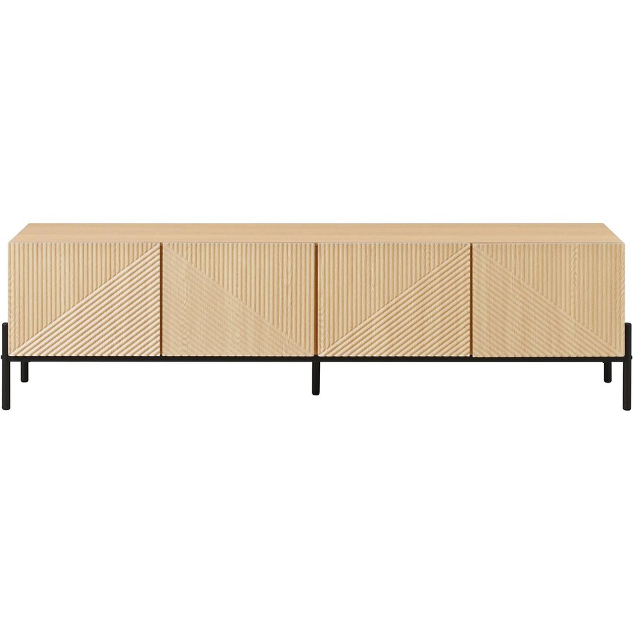 TV-Lowboard mit 4 Push-to-Open-Türen, Geometrisches Design, Metallgestell, 163,5x40x45 cm, Naturfarbe