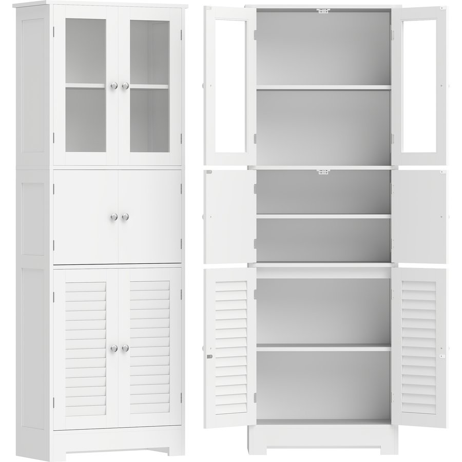 HOMCOM hoher Badezimmerschrank, Aufbewahrungsschränk, Säule mit 6 Türen davon 2 Glastüren und 2 Lamellentüren, verstellbarer Einlegeboden, moderner Stil, für Wohnzimmer, Schlafzimmer, 60x30x170,5cm, weiß Aosom