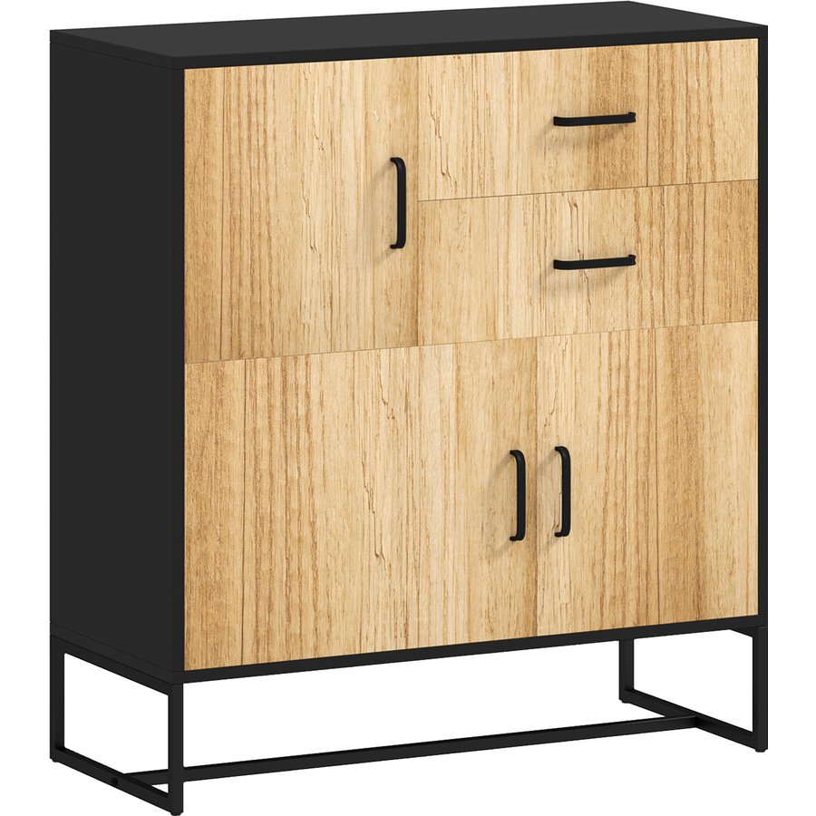 HOMCOM Moderne Kommode Aufbewahrungsschrank mit 3 Schränken und 2 Schubladen, Mehrzweckschrank aus Spanplatte und Stahl, 80x35x85 cm, Schwarz und Holzoptik Aosom