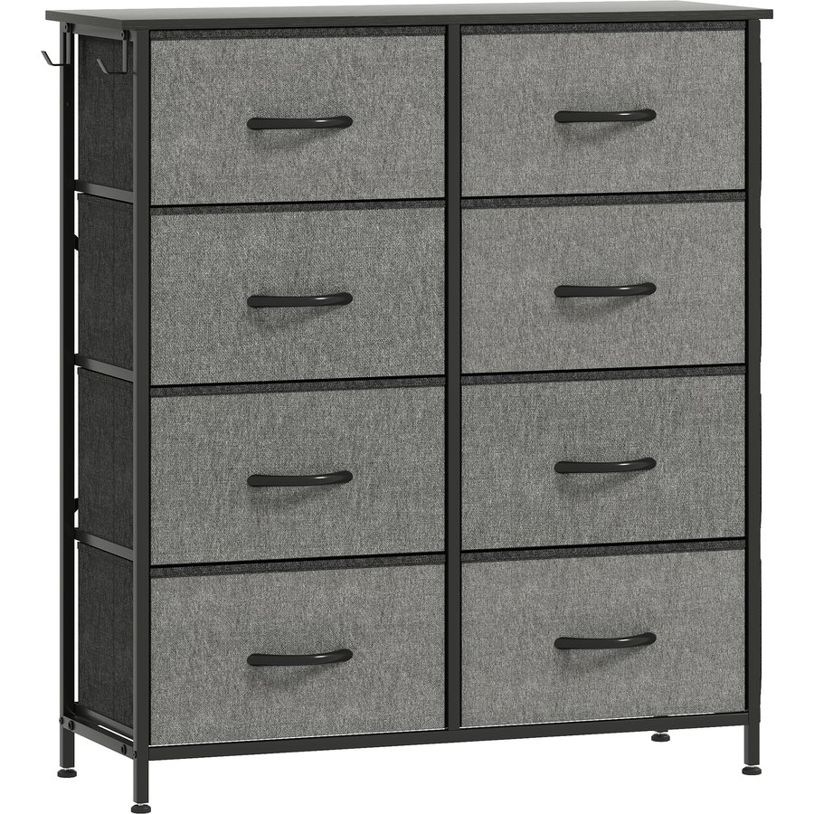 HOMCOM Kommode 8 Stoff-Schubladen, Aufbewahrungsmöbel mit 4 Taschen, 2 Haken, Stahlgestell, Schubladenschrank für Wohnzimmer, Schlafzimmer, Flur, grau Aosom